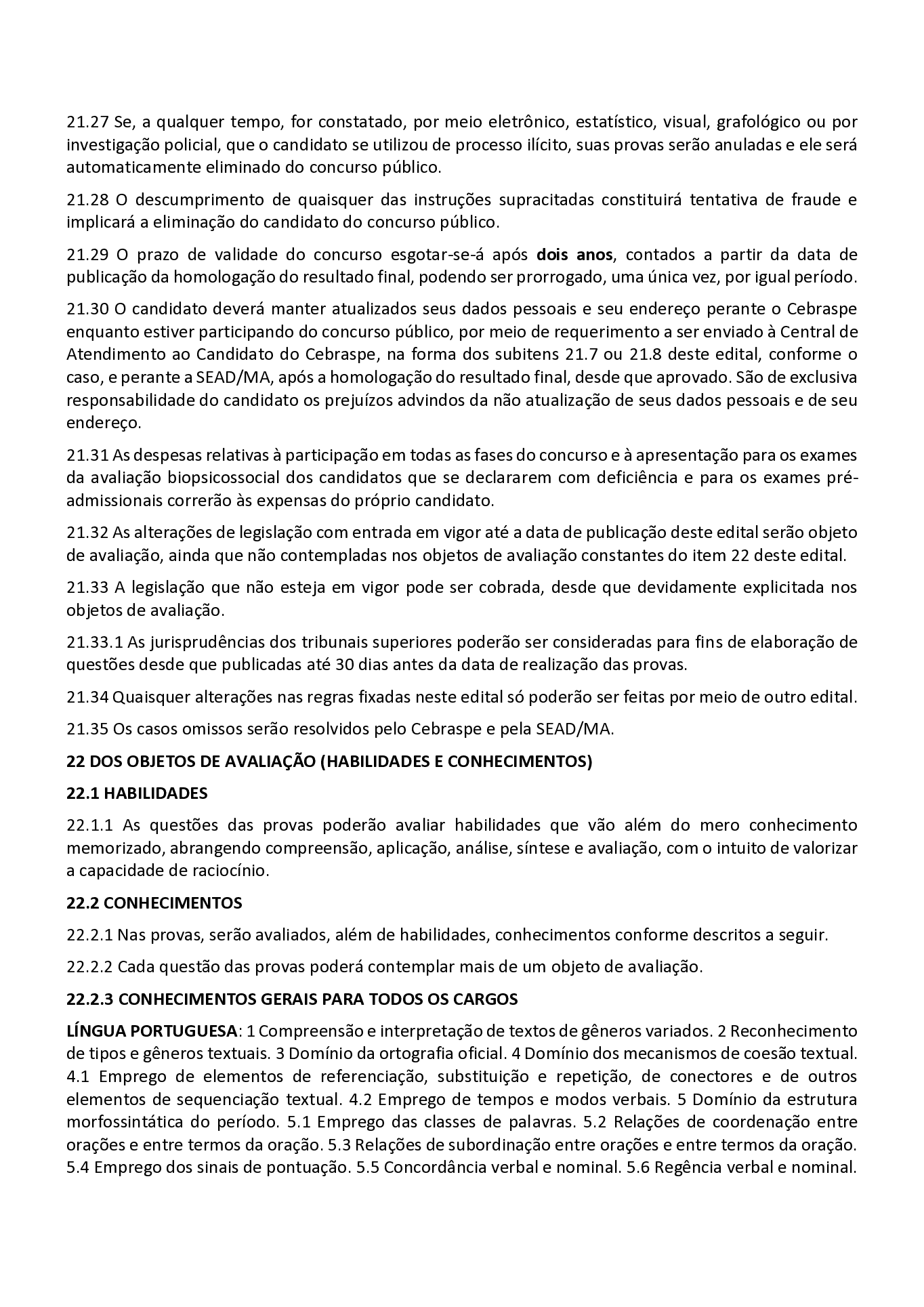 Página do edital oficial com os conhecimentos de Língua Portuguesa